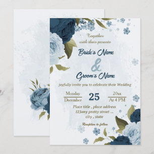 Invitación boda botánico de flores azul marino azul claro
