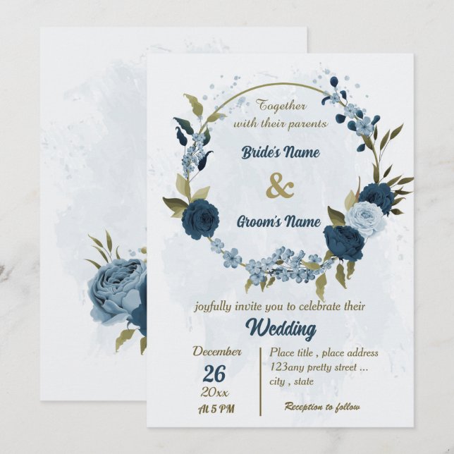 Invitación boda botánico de flores azul marino azul claro (Anverso / Reverso)