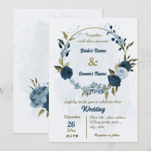 Invitación boda botánico de flores azul marino azul claro