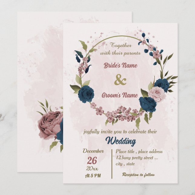 Invitación boda botánico de flores azul marino rosa (Anverso / Reverso)