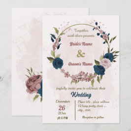 Invitación boda botánico de flores azul marino rosa