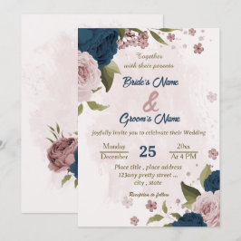 Invitación boda botánico de flores azul marino rosa