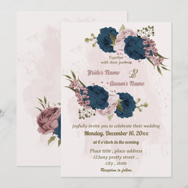 Invitación boda botánico de flores azul marino rosa (Anverso / Reverso)