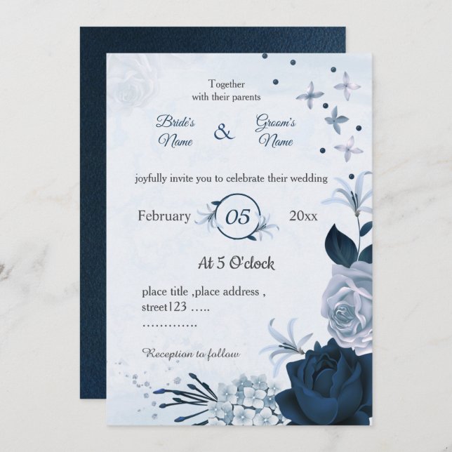 Invitación boda botánico de flores azul polvorientas y marina (Anverso / Reverso)