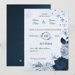 Invitación boda botánico de flores azul polvorientas y marina