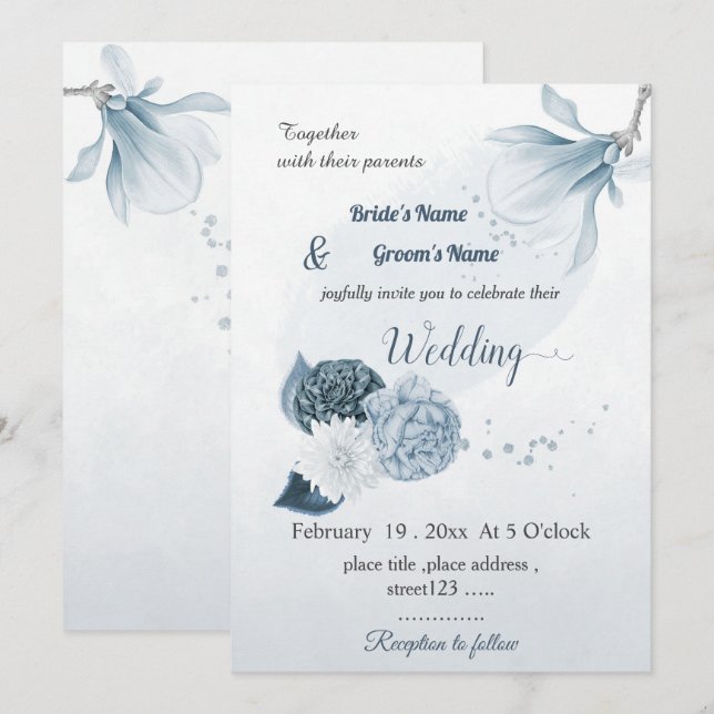Invitación boda botánico de flores azules polvorientas marina (Anverso / Reverso)