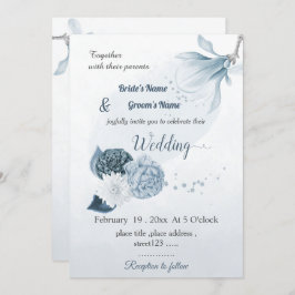 Invitación boda botánico de flores azules polvorientas marina