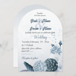 Invitación boda botánico de flores azules polvorientas marina