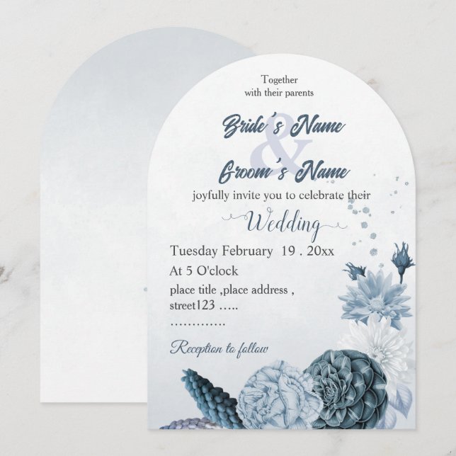 Invitación boda botánico de flores azules polvorientas marina (Anverso / Reverso)