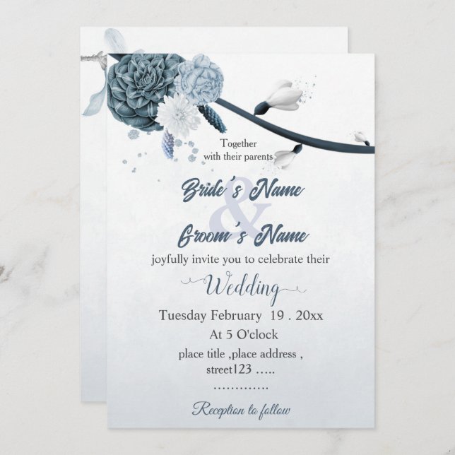 Invitación boda botánico de flores azules polvorientas marina (Anverso / Reverso)