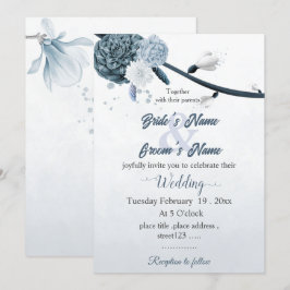 Invitación boda botánico de flores azules polvorientas marina