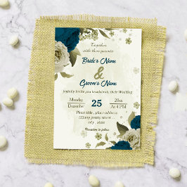 Invitación boda botánico de flores beige azul verde azuladas