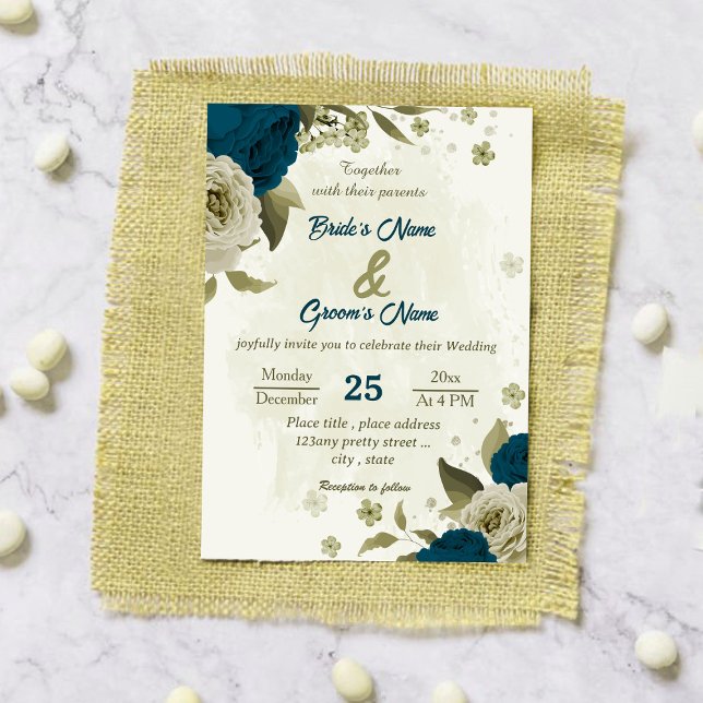 Invitación boda botánico de flores beige azul verde azuladas (Subido por el creador)