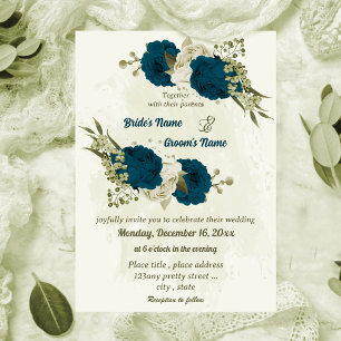 Invitación boda botánico de flores beige azul verde azuladas