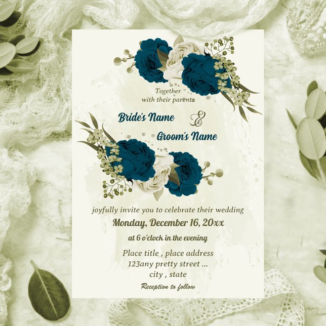 Invitación boda botánico de flores beige azul verde azuladas (Subido por el creador)