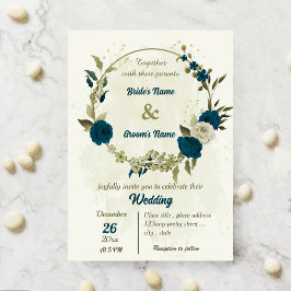 Invitación boda botánico de flores beige azul verde azuladas