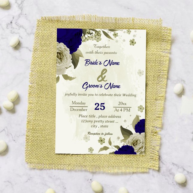 Invitación Boda botánico de flores beige azules reales (Subido por el creador)