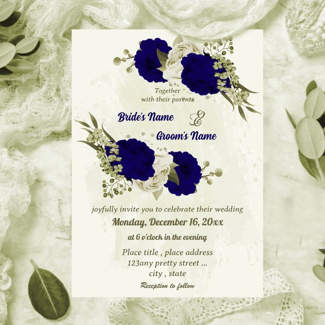 Invitación Boda botánico de flores beige azules reales (Subido por el creador)