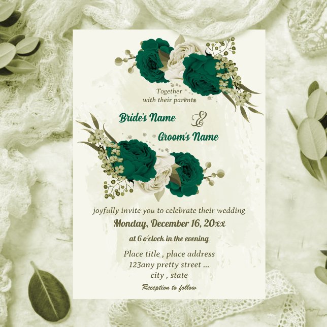 Invitación boda botánico de flores beige verde esmeralda (Subido por el creador)