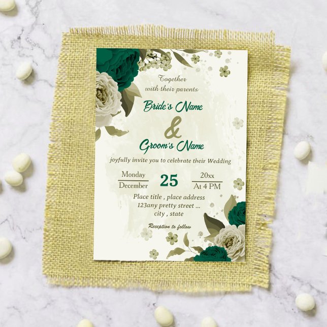 Invitación boda botánico de flores beige verde esmeralda (Subido por el creador)