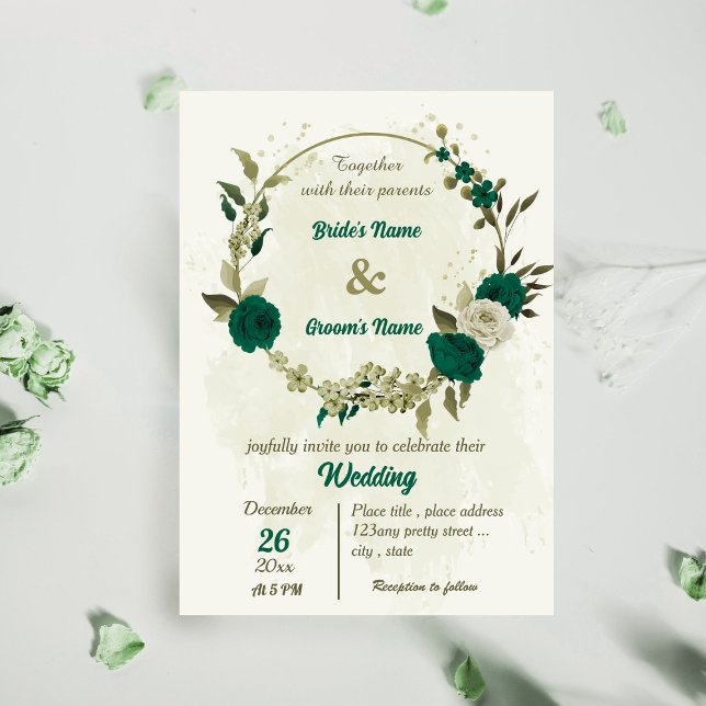 Invitación boda botánico de flores beige verde esmeralda (Subido por el creador)