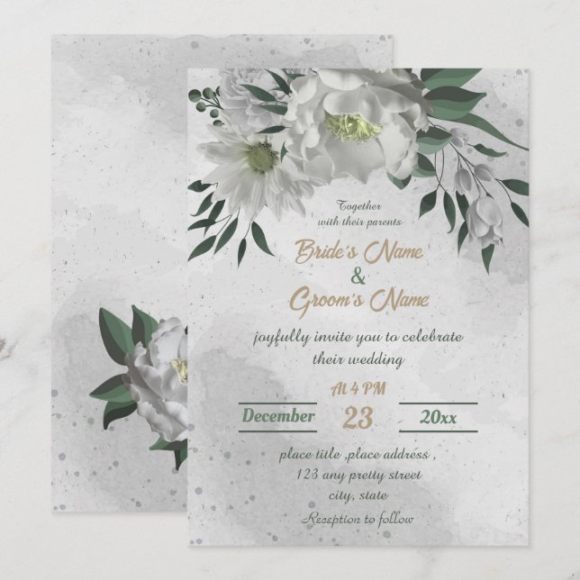 Invitación boda botánico de flores blancas románticas (Anverso / Reverso)