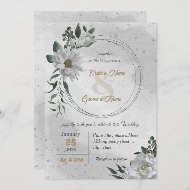 Invitación boda botánico de flores blancas románticas (Anverso / Reverso)