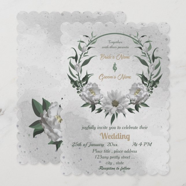 Invitación boda botánico de flores blancas románticas (Anverso / Reverso)