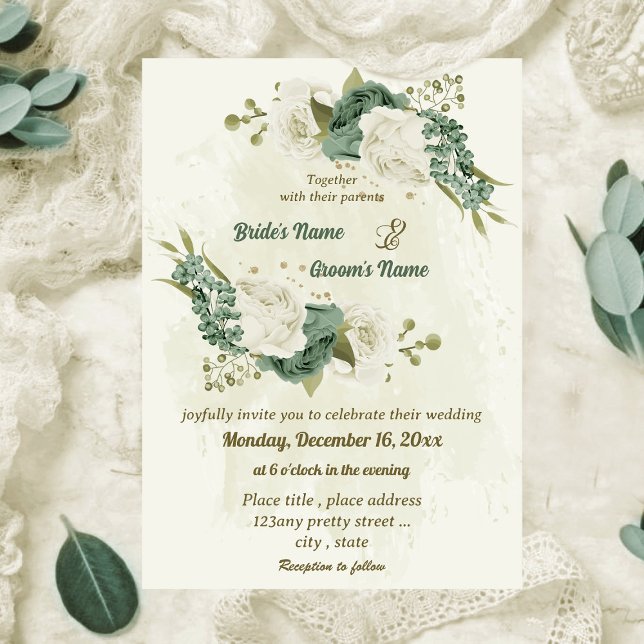 Invitación boda botánico de flores blancas verdes de salvia (Subido por el creador)