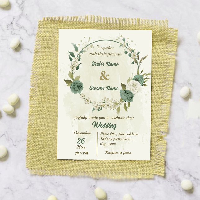 Invitación boda botánico de flores blancas verdes de salvia (Subido por el creador)