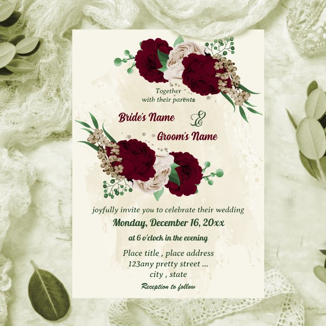 Invitación Boda botánico de flores de champán de Borgoña (Subido por el creador)