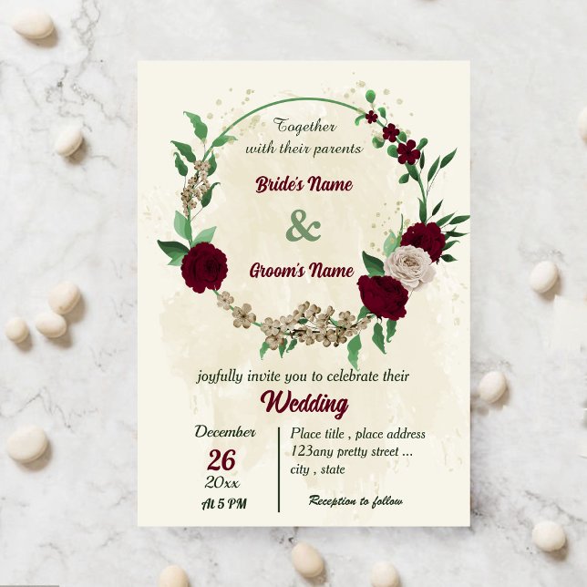 Invitación Boda botánico de flores de champán de Borgoña (Subido por el creador)