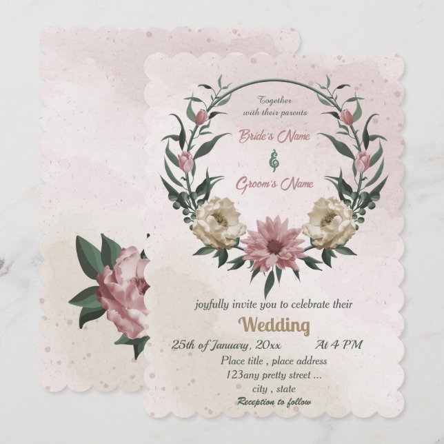 Invitación boda botánico de flores de champán rosa (Anverso / Reverso)
