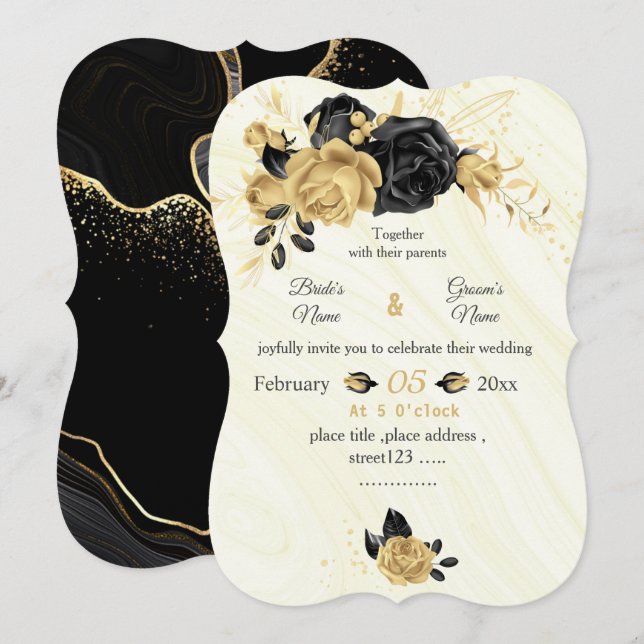Invitación boda botánico de flores doradas y negras (Anverso / Reverso)