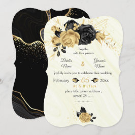 Invitación boda botánico de flores doradas y negras
