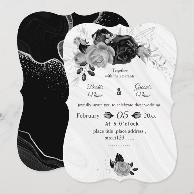 Invitación boda botánico de flores grises y negras de plata (Anverso / Reverso)