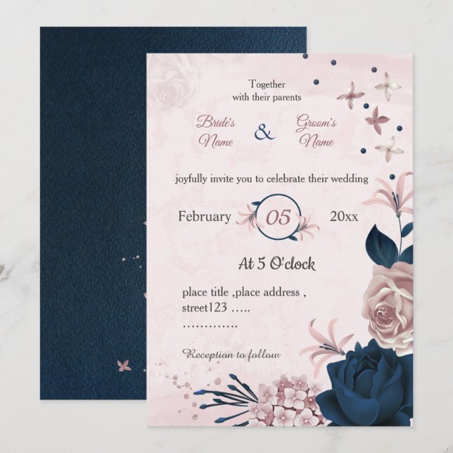 Invitación boda botánico de flores marinas y rosas (Anverso / Reverso)