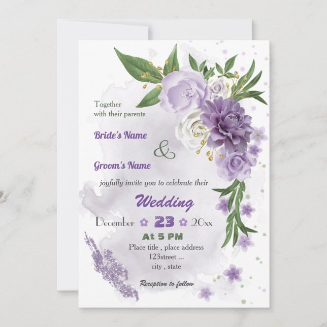 Invitación boda botánico de flores moradas románticas (Anverso)