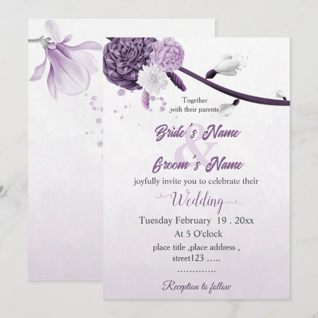 Invitación boda botánico de flores moradas románticas (Anverso / Reverso)