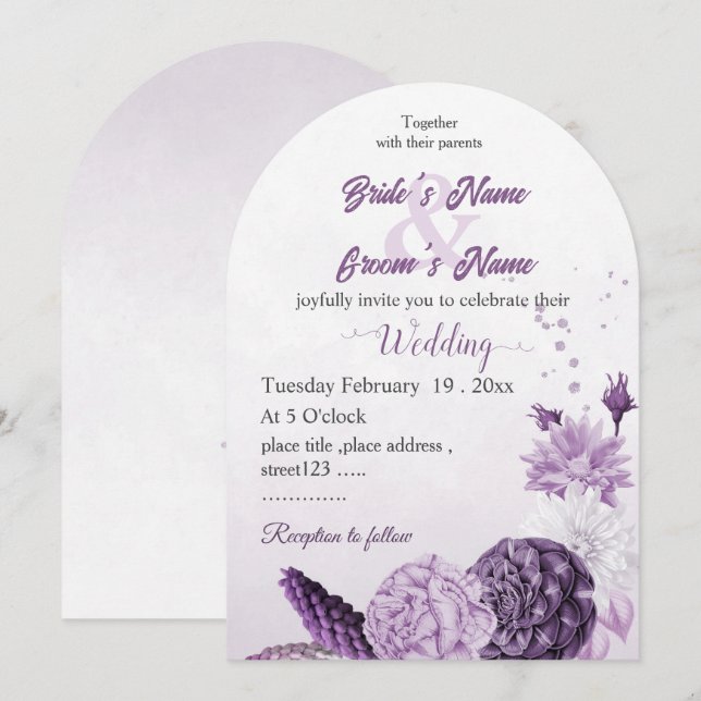 Invitación boda botánico de flores moradas románticas (Anverso / Reverso)