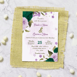 Invitación boda botánico de flores moradas verdes esmeraldas