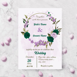 Invitación boda botánico de flores moradas verdes esmeraldas