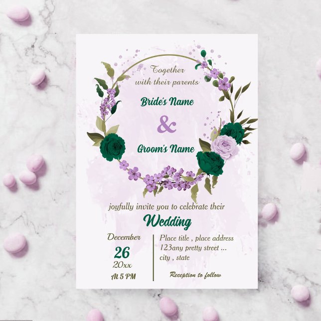 Invitación boda botánico de flores moradas verdes esmeraldas (Subido por el creador)