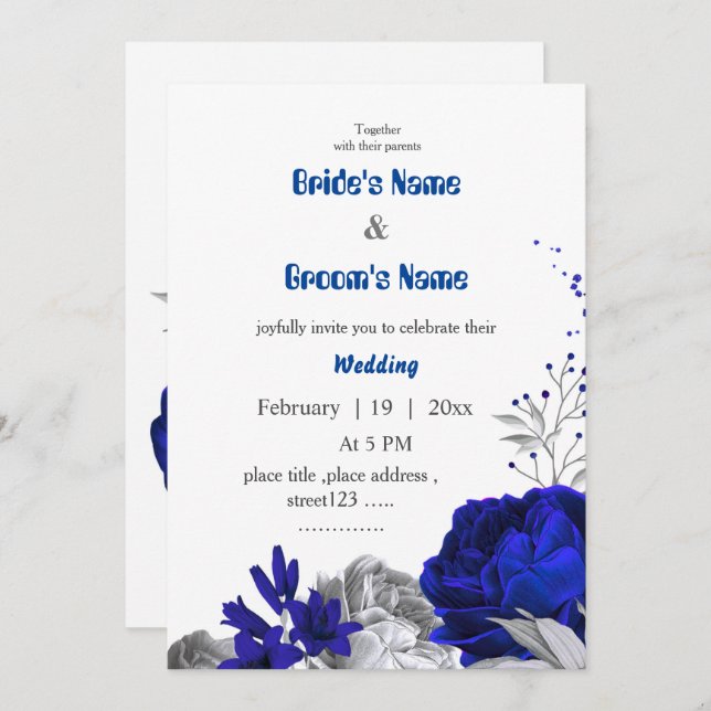 Invitación boda botánico de flores reales azules y plateadas (Anverso / Reverso)