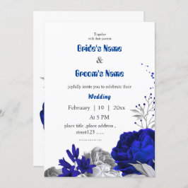Invitación boda botánico de flores reales azules y plateadas