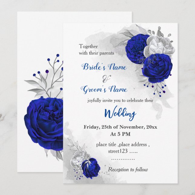 Invitación boda botánico de flores reales azules y plateadas (Anverso / Reverso)