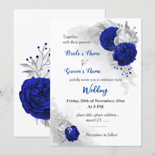 Invitación boda botánico de flores reales azules y plateadas