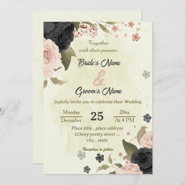 Invitación boda botánico de flores rosadas negras (Anverso / Reverso)