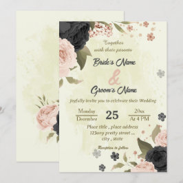 Invitación boda botánico de flores rosadas negras