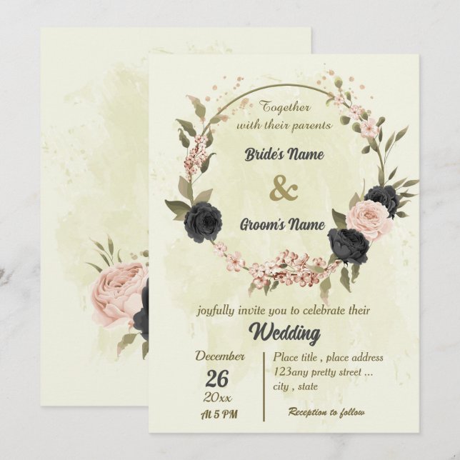 Invitación boda botánico de flores rosadas negras (Anverso / Reverso)